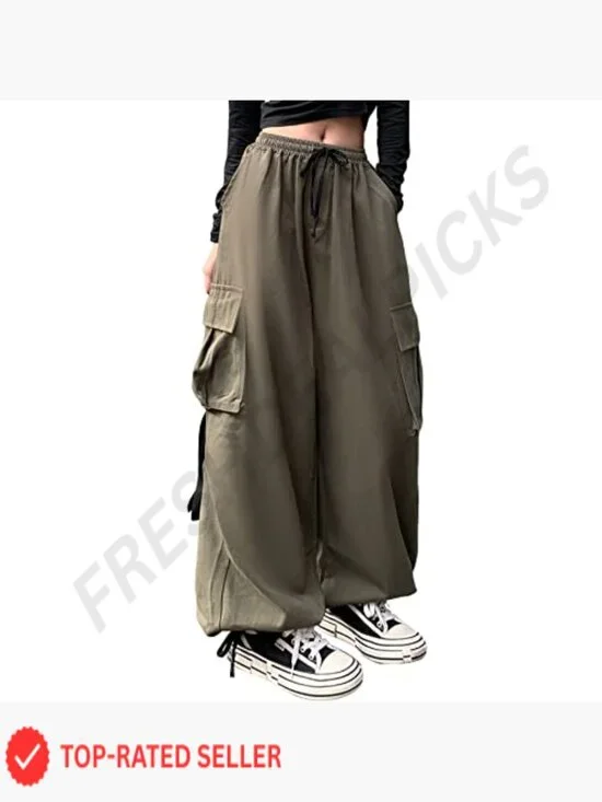 Wide Leg Cargo Pants Y2K Streetwear Baggy High Waist Drawstring Casual Pants - Picture 4 of 7